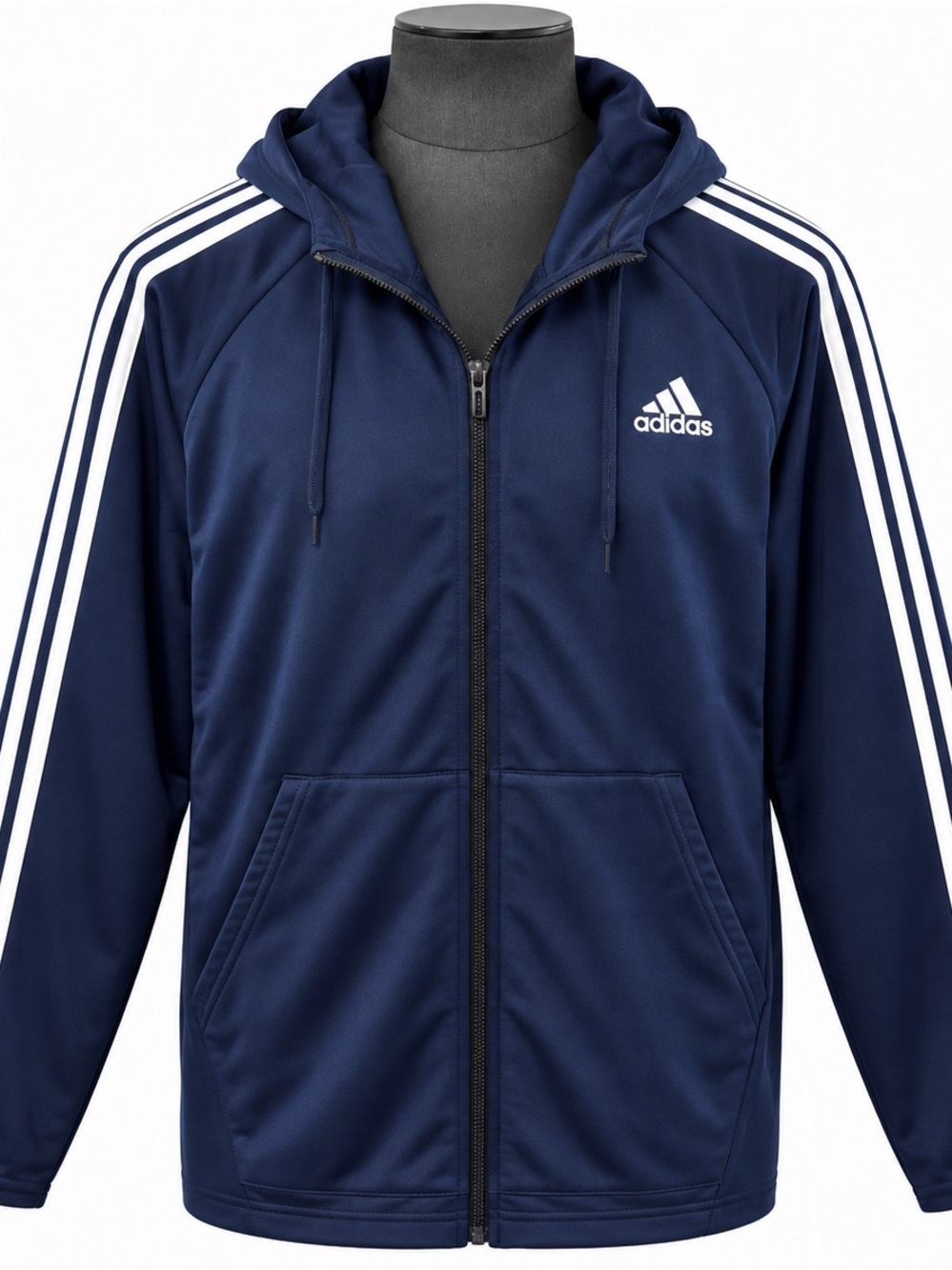 adidas Navy Full-Zip Hooded Track Jacket with White Stripes